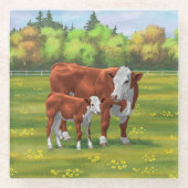 Hereford Cow & Niedlich Calf im Sommer Weide Glasuntersetzer (Vorderseite)