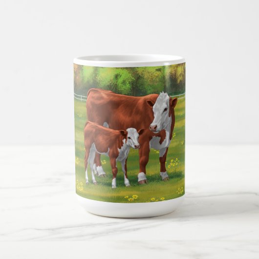 Hereford Cow & Niedlich Calf im Sommer Weide Kaffeetasse (Mittel)