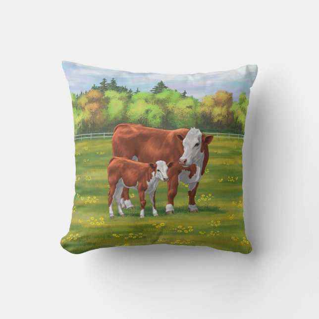 Hereford Cow & Niedlich Calf im Sommer Weide Kissen (Vorderseite)