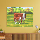 Hereford Cow & Niedlich Calf im Sommer Weide Leinwanddruck (Insitu (Wohnzimmer))