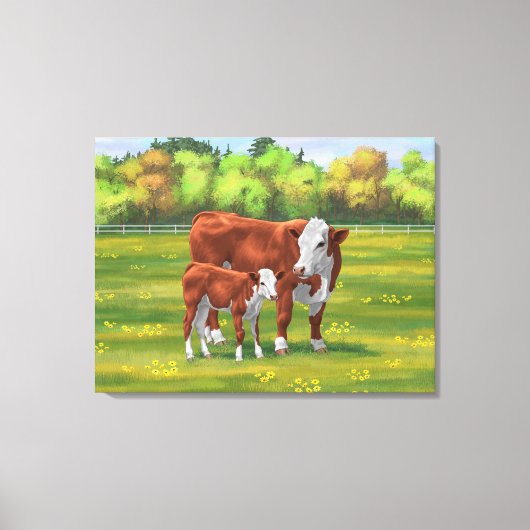 Hereford Cow & Niedlich Calf im Sommer Weide Leinwanddruck (Vorderseite)
