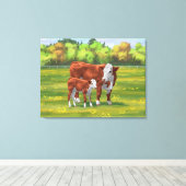 Hereford Cow & Niedlich Calf im Sommer Weide Leinwanddruck (Insitu (Holzboden))