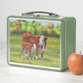 Hereford Cow & Niedlich Calf im Sommer Weide Metall Brotdose (Beispiel)