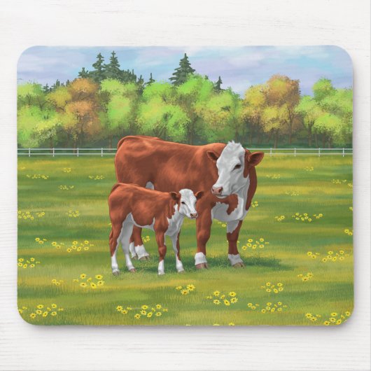 Hereford Cow & Niedlich Calf im Sommer Weide Mousepad (Vorne)