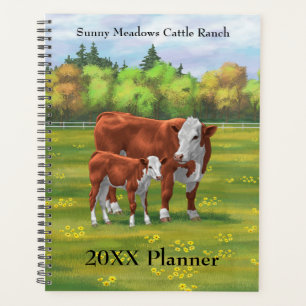 Hereford Cow & Niedlich Calf im Sommer Weide Planer