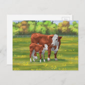 Hereford Cow & Niedlich Calf im Sommer Weide Postkarte (Vorne/Hinten)