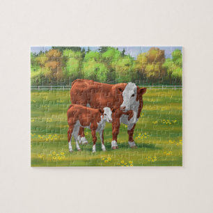 Hereford Cow & Niedlich Calf im Sommer Weide Puzzle