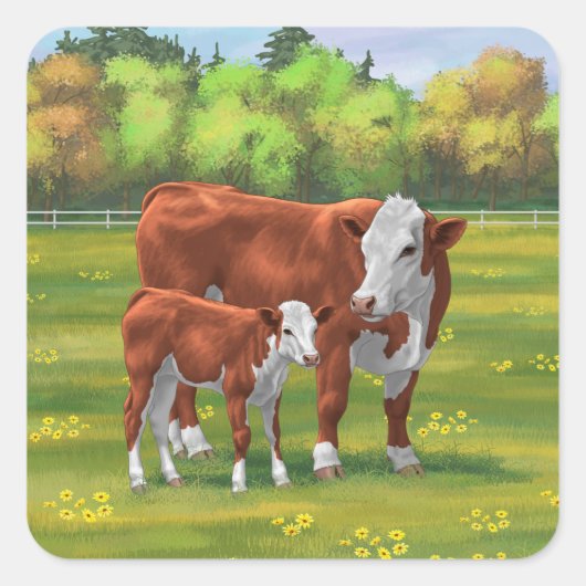 Hereford Cow & Niedlich Calf im Sommer Weide Quadratischer Aufkleber (Vorderseite)