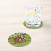 Hereford Cow & Niedlich Calf im Sommer Weide Runder Pappuntersetzer (Vor Ort)