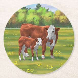 Hereford Cow & Niedlich Calf im Sommer Weide Runder Pappuntersetzer