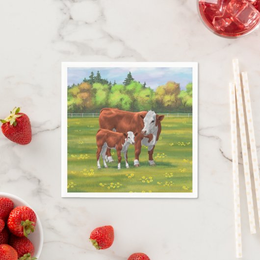 Hereford Cow & Niedlich Calf im Sommer Weide Serviette (Beispiel)