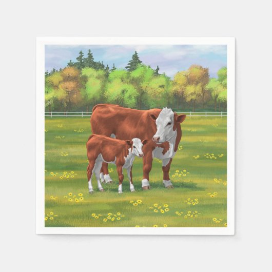 Hereford Cow & Niedlich Calf im Sommer Weide Serviette (Vorderseite)