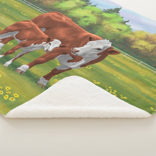 Hereford Cow & Niedlich Calf im Sommer Weide Sherpadecke (3/4)