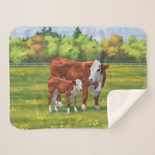 Hereford Cow & Niedlich Calf im Sommer Weide Sherpadecke (Vorderseite (Horizontal))