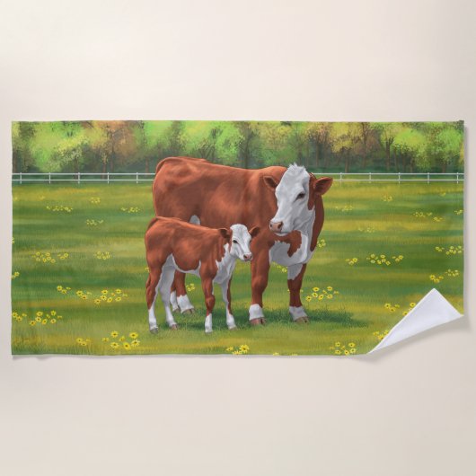 Hereford Cow & Niedlich Calf im Sommer Weide Strandtuch (Vorderseite)