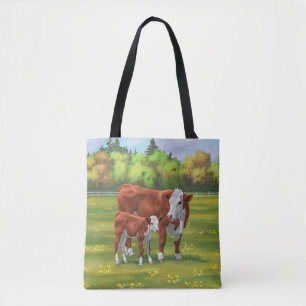 Hereford Cow & Niedlich Calf im Sommer Weide Tasche
