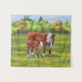 Hereford Cow & Niedlich Calf im Sommer Weide Wandteppich (Vorderseite (Horizontal))