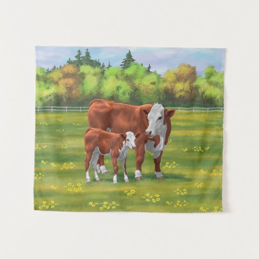 Hereford Cow & Niedlich Calf im Sommer Weide Wandteppich (Vorderseite (Horizontal))
