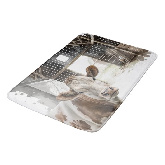 Hereford Cow und Rooster in Barn Badematte (Schrägansicht)