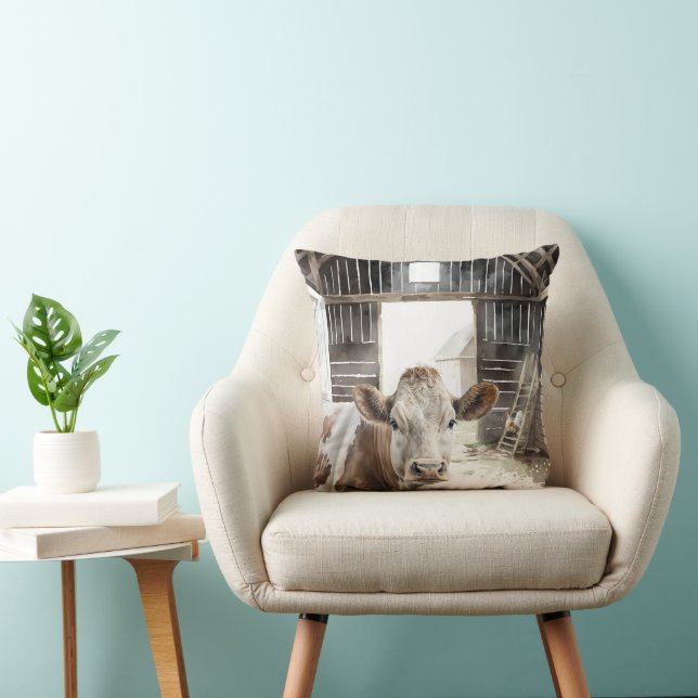 Hereford Cow und Rooster in Barn Kissen (Stuhl )