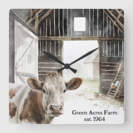 Hereford Cow und Rooster in Barn Quadratische Wanduhr