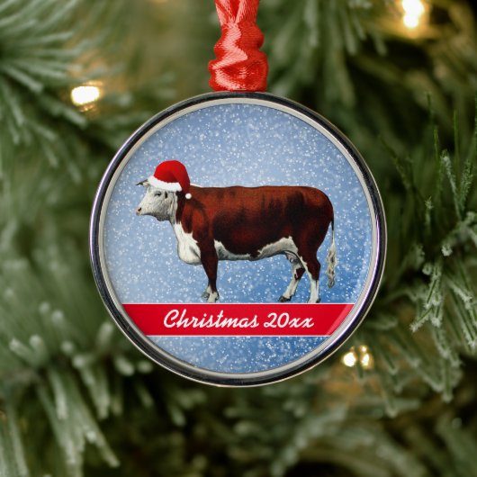Hereford Cow und Weihnachtsmannmütze Ornament Aus Metall (Baum)