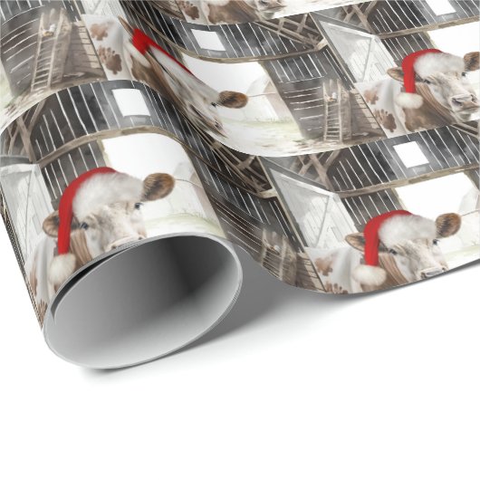 Hereford Kuh mit Santa Cap in Barn Geschenkpapier (Rolleneckpunkt)