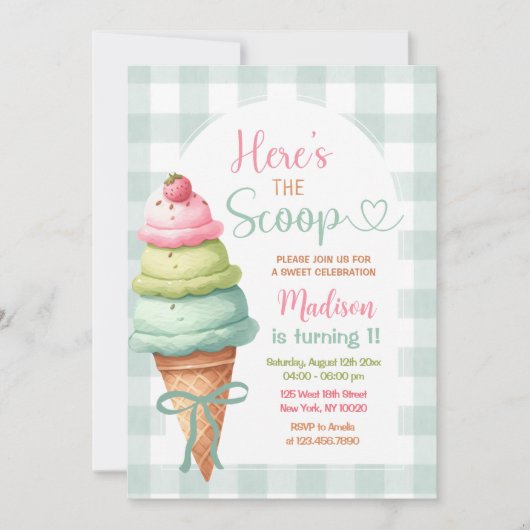 Here's The Scoop Ice Cream Bow 1st Birthday Einladung (Vorderseite)