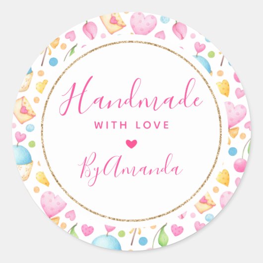 Hergestellt mit Liebe Herz und Muffins Muster Runder Aufkleber (Vorderseite)