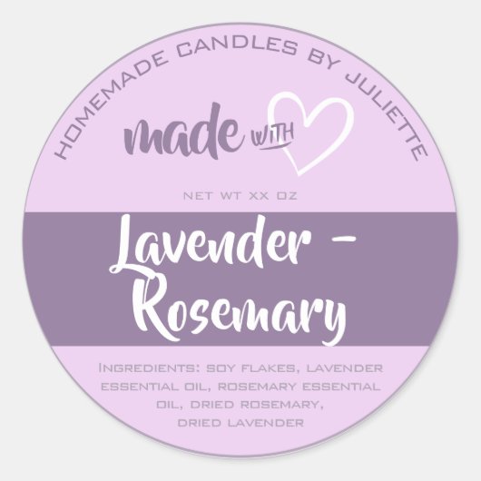 Hergestellt mit Liebe Herzkerzen Packung Lavendel Runder Aufkleber (Vorderseite)