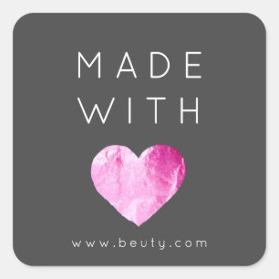 Hergestellt mit Liebe Herzrosa Webname Fuchsia Gra Quadratischer Aufkleber