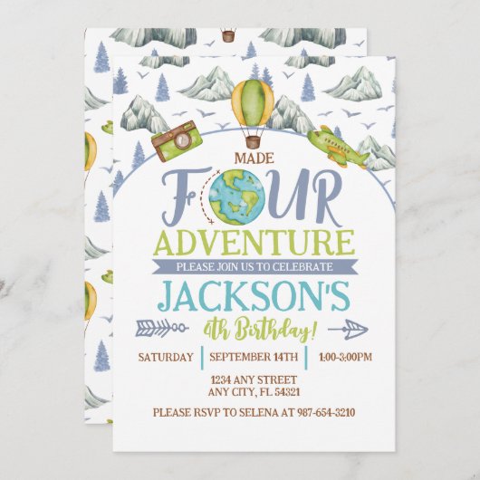Hergestellt Vier Abenteuer 4. Geburtstag Einladung (Vorne/Hinten)