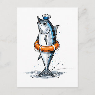 Hering mit Rettungsring in mariner Tintenillustrat Postkarte