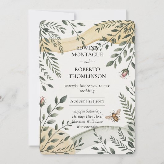 Heritage Bee and Olive Botanical Wedding Einladung (Vorderseite)