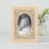 Heritage Blumenrahmen Oval Foto Geburt Einladung (Stehend Vorderseite)