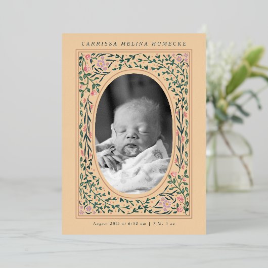 Heritage Blumenrahmen Oval Foto Geburt Folieneinladung (Stehend vorne)
