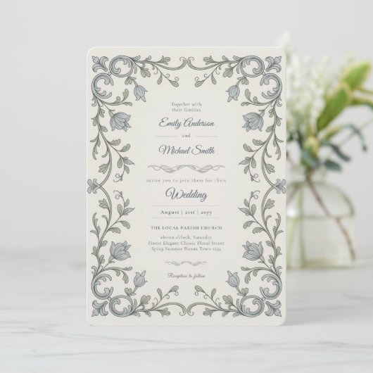 Heritage | Edwardian Blue Flora Scroll Wedding Einladung (Stehend Vorderseite)