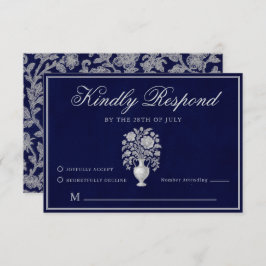 Heritage Floral Vase Classic Navy Wedding RSVP Karte