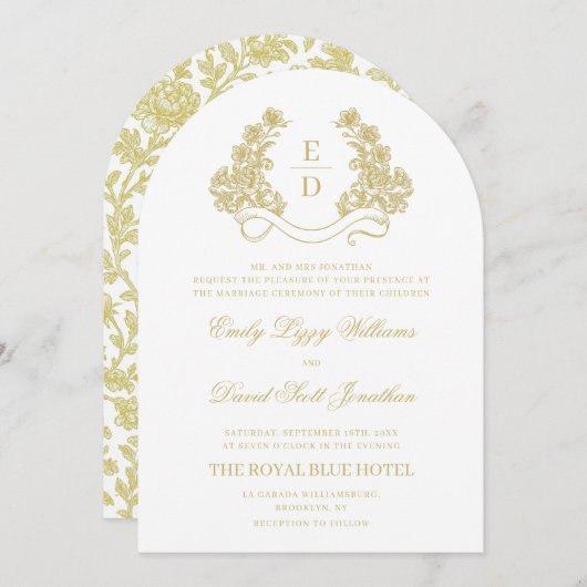 Heritage Gold and White Monogram Arch Wedding Einladung (Vorne/Hinten)