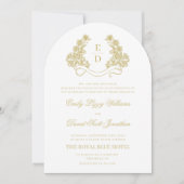 Heritage Gold and White Monogram Arch Wedding Einladung (Vorderseite)