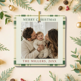 Heritage Green Karo-Familienfoto-Weihnachten Keramikornament