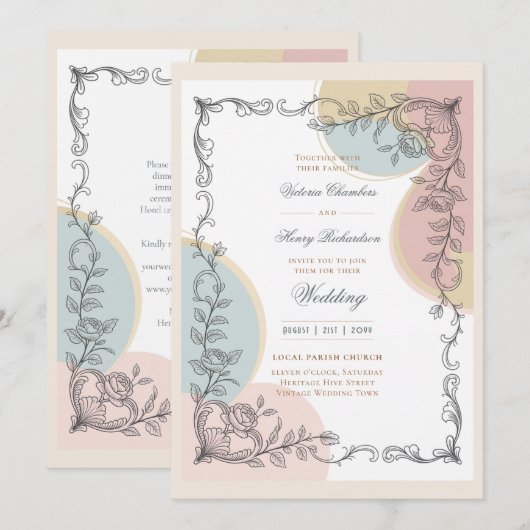 Heritage | Mid-Century Pastel Botanical Wedding Einladung (Vorne/Hinten)