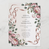Heritage Peony Ribbon Botanical Elegant Wedding Einladung (Vorne/Hinten)