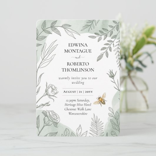 Heritage Sage Botanical Bee Wedding Einladung (Stehend Vorderseite)