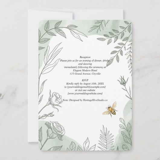 Heritage Sage Botanical Bee Wedding Einladung (Rückseite)