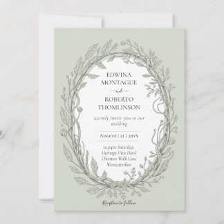 Heritage Sage Green Botanical Wreath Elegant Weddi Einladung