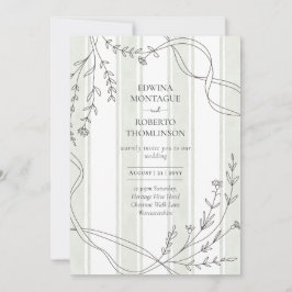 Heritage Stripe & Line Art Botanical Ribbon Weddin Einladung