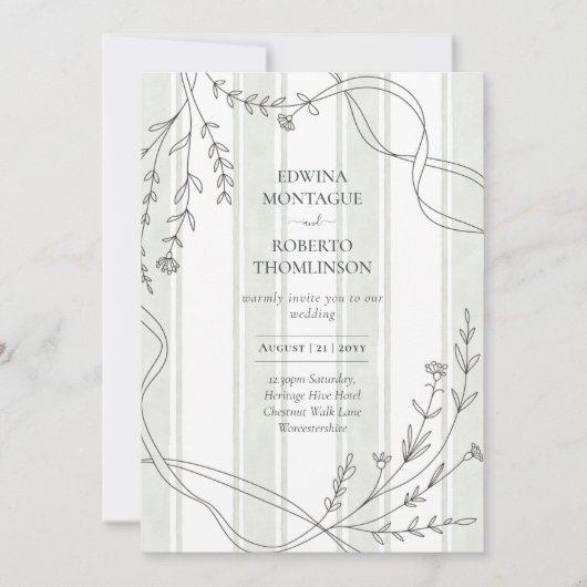 Heritage Stripe & Line Art Botanical Ribbon Weddin Einladung (Vorderseite)