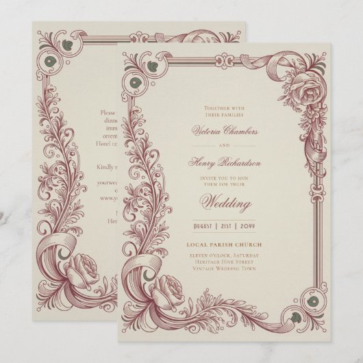 Heritage | Victorian Burgundy Scrollwork Wedding Einladung (Vorne/Hinten)