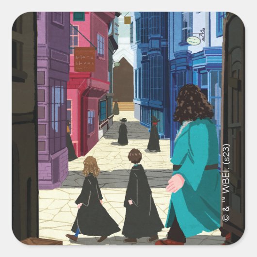Hermione, HARRY POTTER™ & Hagrid in Diagon Alley Quadratischer Aufkleber (Vorderseite)